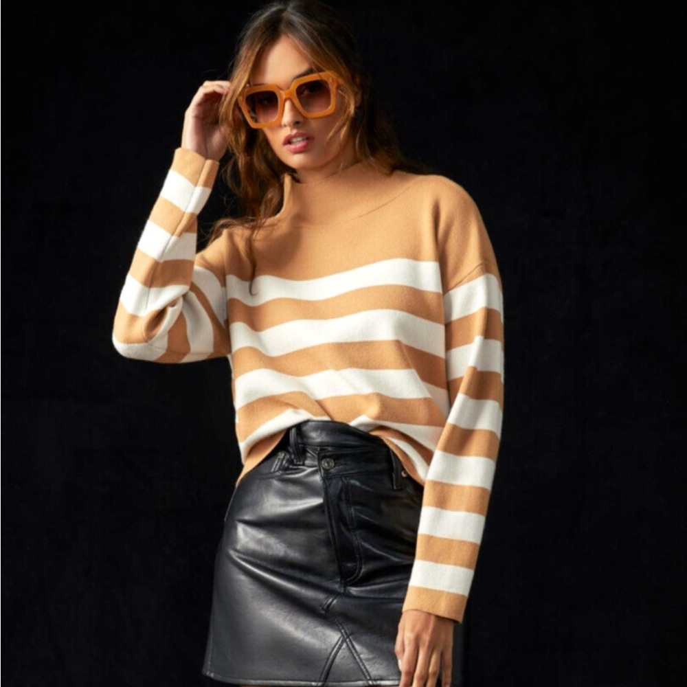 Anthropologie The Carys Mock Neck Sweater in Neutral Motif Stripe